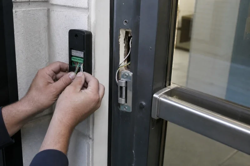 Hands holding wires beneath an open wall-mounted device beside a glass door and an exposed wired door-frame opening.