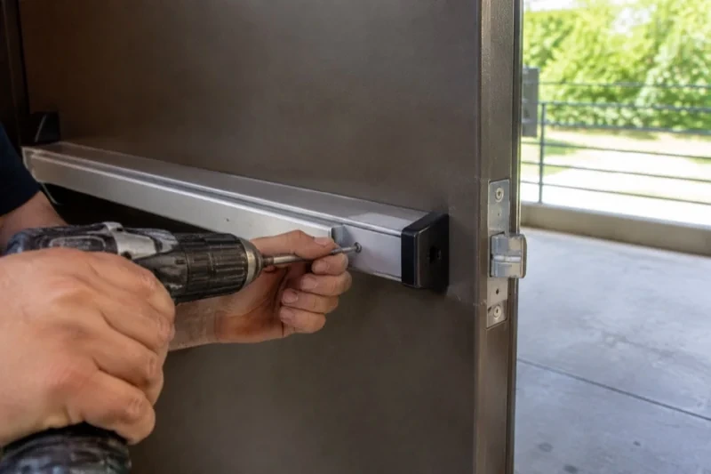 Hands using a power driver at the end of a horizontal push bar on an open metal door.